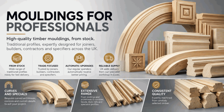 All Mouldings – browse our complete range of timber mouldings and professional woodworking profiles, including architraves, skirting boards, cornices, dado rails, picture rails, beads, curved mouldings and curved architraves, rosettes, plinth blocks, brac